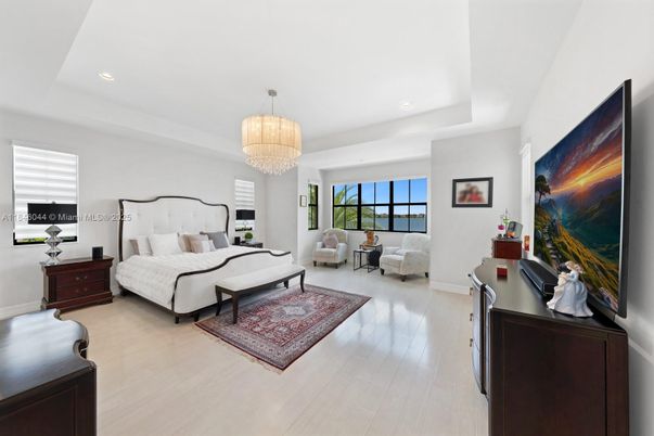 Bedroom, Chandelier, Interior, Recessed Lighting, Water, Wood Texture Flooring