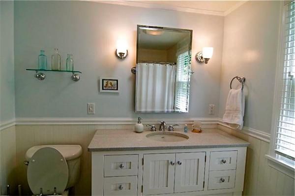 Interior, Bathroom, Ceramic Tile, Dual Sink Vanities