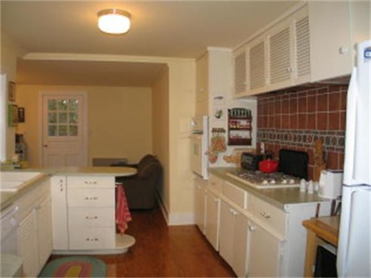 Interior, Kitchen, Wood Texture Flooring, Tile Countertops