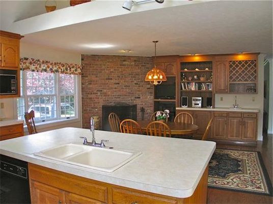 Interior, Kitchen, Wood Texture Flooring, Chandelier, Stone Walls, Pendant Lights