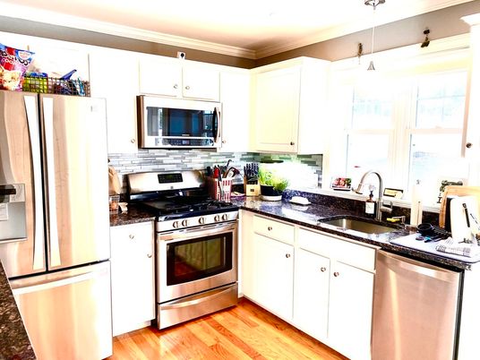 Interior, Kitchen, Pendant Lights, Stainless Steel Appliances, Wood Texture Flooring
