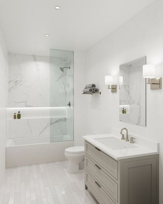 Bathroom, Glass Shower, Interior, Marble Walls, Recessed Lighting