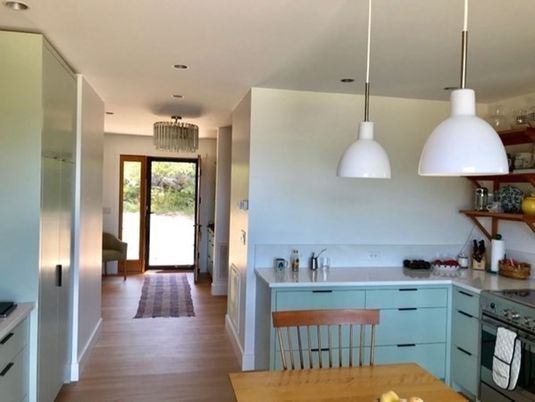 Interior, Kitchen, Wood Texture Flooring, Recessed Lighting, Pendant Lights
