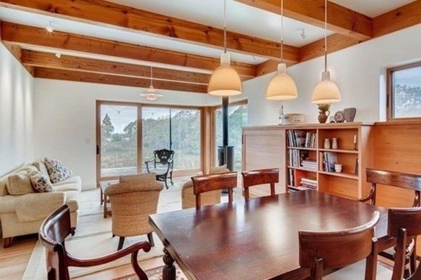 Interior, Wood Texture Flooring, Recessed Lighting, Living room, Dining room, Wooden Beams, Wooden Ceilings, Pendant Lights