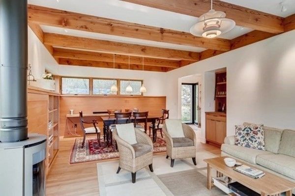 Interior, Wood Texture Flooring, Living room, Dining room, Wooden Beams, Wooden Ceilings, Pendant Lights