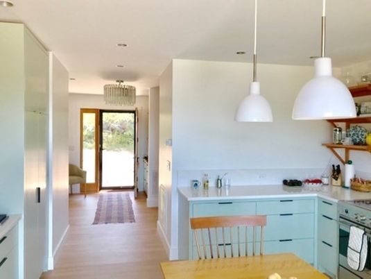 Interior, Kitchen, Wood Texture Flooring, Recessed Lighting, Pendant Lights
