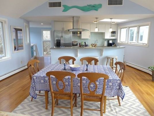 Interior, Kitchen, Wood Texture Flooring, Recessed Lighting, Dining room, Stainless Steel Appliances, Pendant Lights