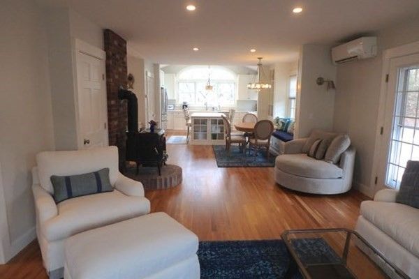 Interior, Kitchen, Wood Texture Flooring, Recessed Lighting, Living room, Dining room, Fireplace, Chandelier, Pendant Lights