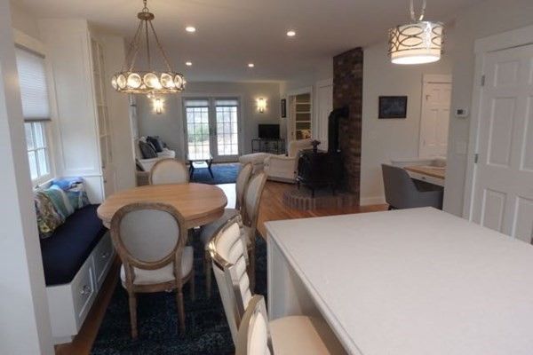 Interior, Wood Texture Flooring, Recessed Lighting, Living room, Dining room, Fireplace, Chandelier, Pendant Lights