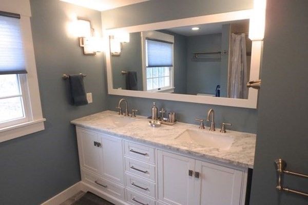 Interior, Bathroom, Recessed Lighting, Ceramic Tile, Dual Sink Vanities