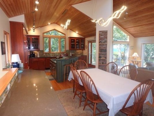 Interior, Wood Texture Flooring, Recessed Lighting, Dining room, Wooden Beams, Wooden Ceilings, Chandelier, Pendant Lights