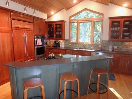 Interior, Kitchen, Wood Texture Flooring, Recessed Lighting, Wooden Ceilings, Stainless Steel Appliances, Pendant Lights