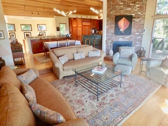 Interior, Kitchen, Wood Texture Flooring, Recessed Lighting, Living room, Dining room, Fireplace, Wooden Beams, Wooden Ceilings, Ceramic Tile, Stone Walls, Wooden Walls, Pendant Lights