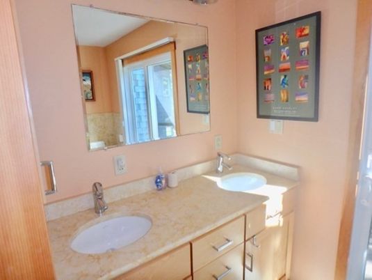 Interior, Bathroom, Recessed Lighting, Ceramic Tile, Dual Sink Vanities