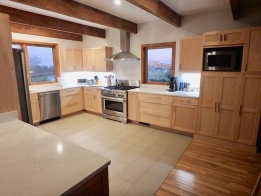 Interior, Kitchen, Wood Texture Flooring, Recessed Lighting, Wooden Beams, Stainless Steel Appliances