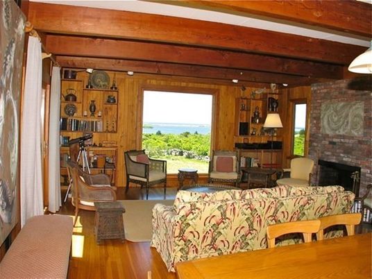 Interior, Wood Texture Flooring, Living room, Dining room, Fireplace, Wooden Beams, Wooden Ceilings, Water, Stone Walls, Wooden Walls, Pendant Lights