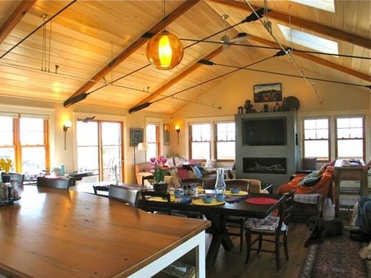 Interior, Wood Texture Flooring, Living room, Fireplace, Wooden Beams, Wooden Ceilings, Pendant Lights