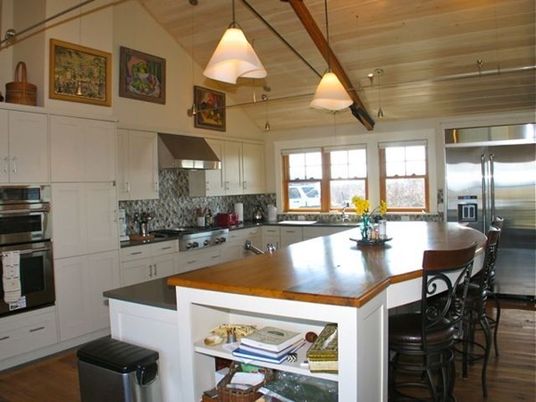 Interior, Kitchen, Wood Texture Flooring, Wooden Beams, Wooden Ceilings, Stainless Steel Appliances, Pendant Lights