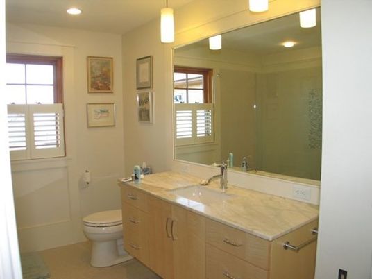Interior, Bathroom, Recessed Lighting, Glass Shower, Ceramic Tile, Pendant Lights