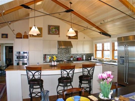 Interior, Kitchen, Wood Texture Flooring, Wooden Beams, Wooden Ceilings, Stainless Steel Appliances, Ceramic Tile, Pendant Lights