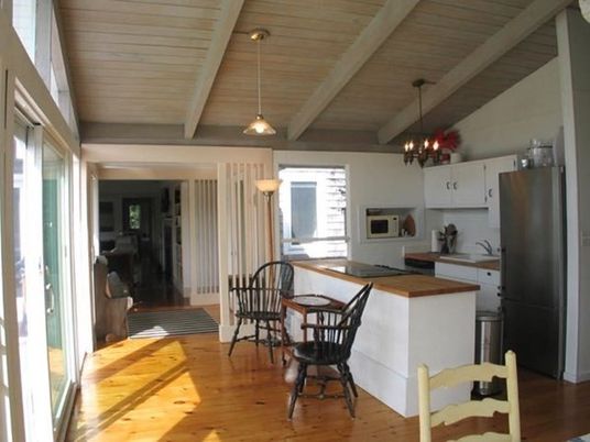 Interior, Kitchen, Wood Texture Flooring, Dining room, Wooden Beams, Wooden Ceilings, Chandelier, Pendant Lights