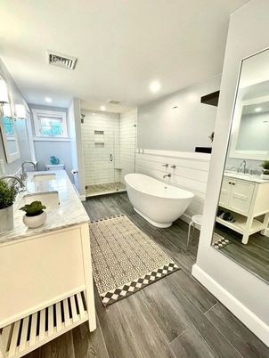 Bathroom, Dual Sink Vanities, Free Standing Baths, Glass Shower, Interior, Recessed Lighting, Wood Texture Flooring