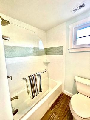 Bathroom, Glass Shower, Interior, Wood Texture Flooring
