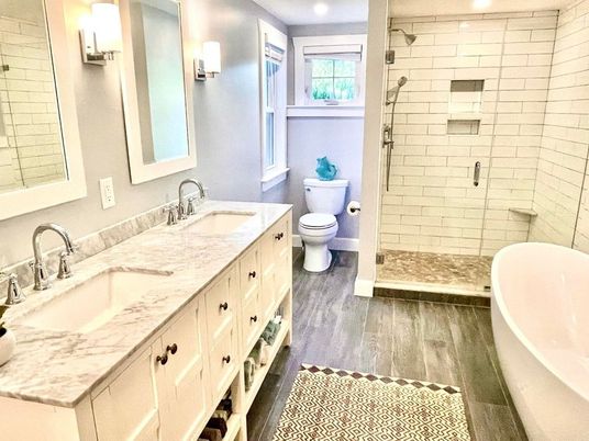 Bathroom, Dual Sink Vanities, Interior, Recessed Lighting, Wood Texture Flooring