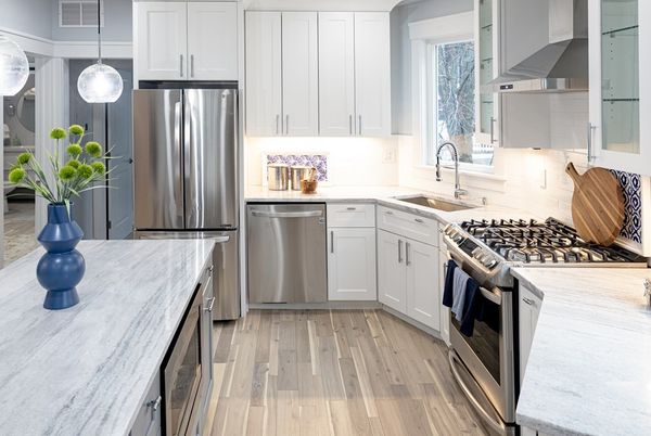 Interior, Kitchen, Pendant Lights, Stainless Steel Appliances, Wood Texture Flooring