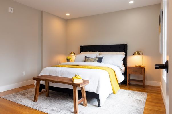 Bedroom, Interior, Recessed Lighting, Wood Texture Flooring