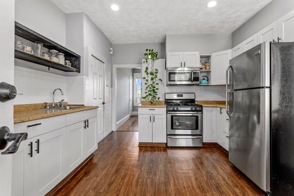 Interior, Kitchen, Recessed Lighting, Stainless Steel Appliances, Wood Texture Flooring