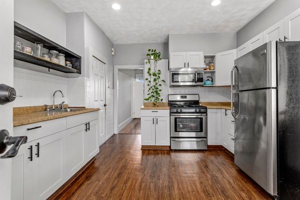 Interior, Kitchen, Recessed Lighting, Stainless Steel Appliances, Wood Texture Flooring