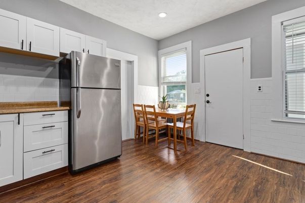 Dining room, Interior, Kitchen, Recessed Lighting, Stainless Steel Appliances, Wood Texture Flooring