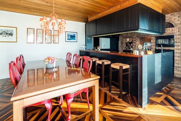 Chandelier, Dining room, Interior, Kitchen, Stone Walls, Wooden Ceilings, Wood Texture Flooring