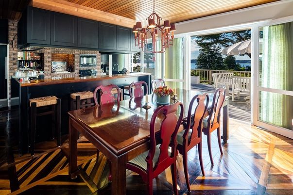 Chandelier, Dining room, Interior, Kitchen, Wooden Ceilings, Wood Texture Flooring