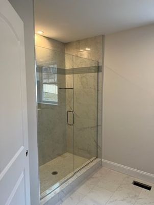 Bathroom, Glass Shower, Interior, Marble, Marble Walls, Recessed Lighting