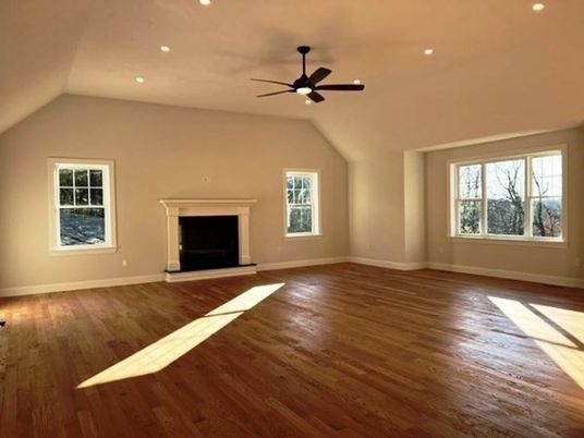 Empty room, Fireplace, Interior, Recessed Lighting, Wood Texture Flooring