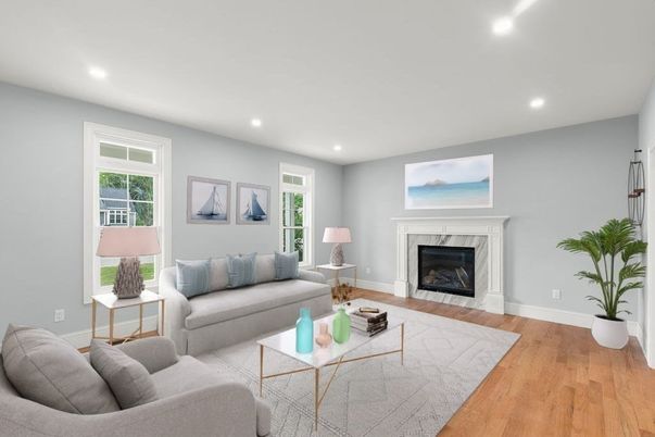 Fireplace, Interior, Living room, Recessed Lighting, Wood Texture Flooring