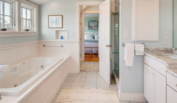 Bathroom, Bedroom, Glass Shower, Interior, Marble, Recessed Lighting, Wood Texture Flooring