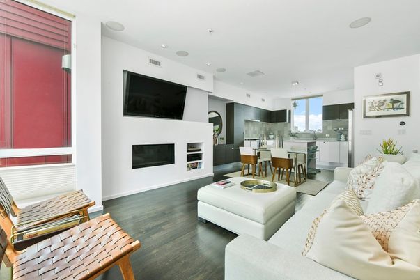 Dining room, Fireplace, Interior, Kitchen, Living room, Pendant Lights, Recessed Lighting, Wood Texture Flooring