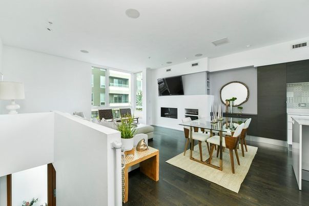 Dining room, Interior, Living room, Recessed Lighting, Wood Texture Flooring