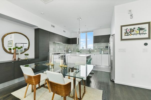 Dining room, Interior, Kitchen, Pendant Lights, Recessed Lighting, Wood Texture Flooring