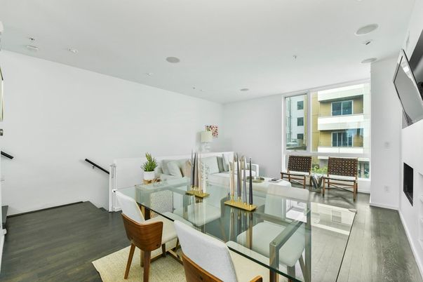 Dining room, Interior, Recessed Lighting, Wood Texture Flooring