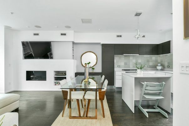 Dining room, Interior, Kitchen, Pendant Lights, Recessed Lighting, Wood Texture Flooring