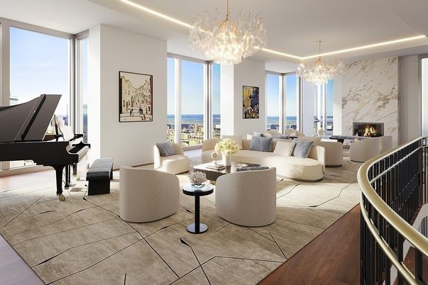 Chandelier, Fireplace, Interior, Living room, Piano, Recessed Lighting, Water, Wood Texture Flooring