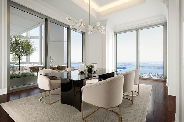 Dining room, Interior, Pendant Lights, Water, Wood Texture Flooring