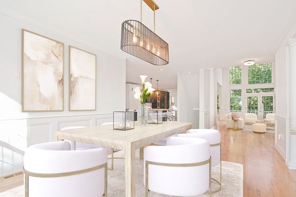 Dining room, Interior, Kitchen, Pendant Lights, Recessed Lighting, Wood Texture Flooring