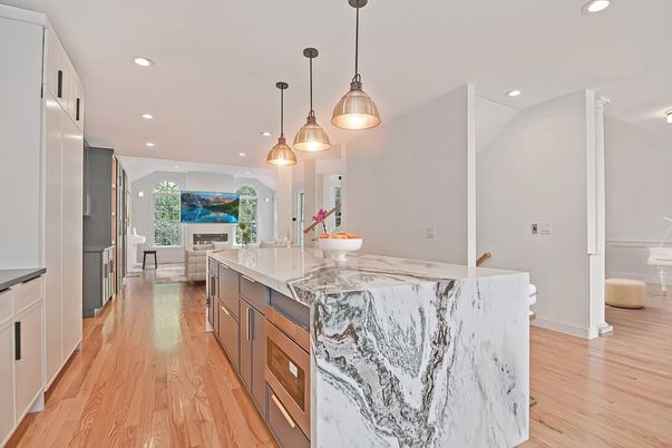 Fireplace, Interior, Kitchen, Living room, Pendant Lights, Recessed Lighting, Wood Texture Flooring