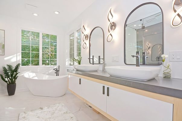 Bathroom, Dual Sink Vanities, Free Standing Baths, Glass Shower, Interior, Marble, Recessed Lighting