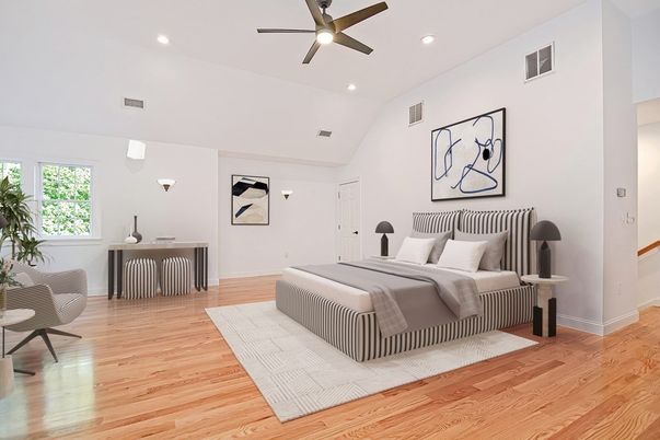 Bedroom, Interior, Recessed Lighting, Wood Texture Flooring